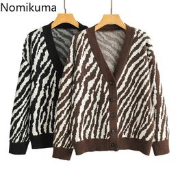 Nomikuma Cardigan Women V Neck Long Sleeve Printed Vintage Sweater Female Single Breasted Casual Fashion Loose Outerwear 3d552 210514