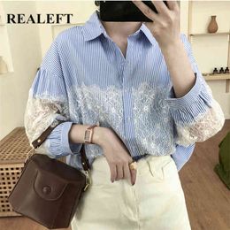 Autumn Lace Patchwork Elegant Striped Women's Shirt Female Blouse Tops Long Sleeve Turn-down Collar Blouses 210428