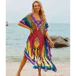 Quick-drying Swimwear Cover-ups Bohemian Leopard Printed Summer Dress Cotton Tunic Women Beach Wear Swim Suit Cover Up Q990 210420