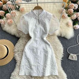 Women Fashion Vintage Mini A-line Dress Stand Collar Slim Short Sleeve Summer Elegant Harajuku Vestido De Mujer S626 210527