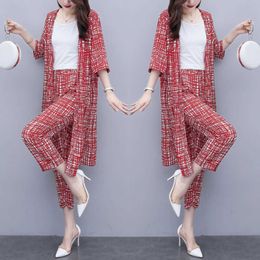 2021 Summer New \Women Korean Fashion 3 Pcs Set White Base Top /cardigan Shirt + Nine-point Pants Three-piece Suits M-4XL Y668 Y0625