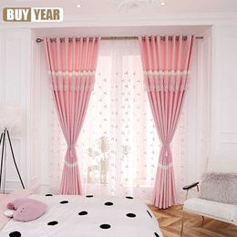 Modern Pink Girl Cotton and Hemp Stitching Shading Curtain for Living Dining Room Bedroom French Window Tulle Curtain 210712
