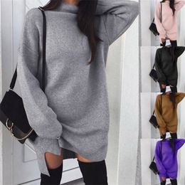 Women Dress Autumn Spring Warm Long Sleeve Knitted Split Turtleneck Pullover Female Solid Color Loose Fashion Lady Clothing 210522