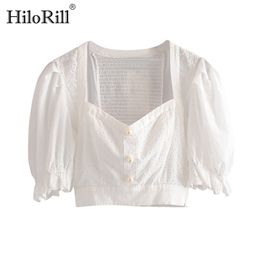 Women Chic Embroidery Patchwork White Blouse Summer Pearl Puff Short Sleeve Blouses Holiday Cotton Shirt Female 210508