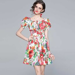 Vintage Slash Neck Short Sleeve Flower Print Dresses Ruffles Slim Elastic Waist Sexy Women Girls Summer 210529