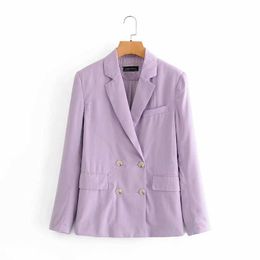 autumn ladies blazer Fashion mid-length double-breasted purple jacket small suit Casual loose top 210527