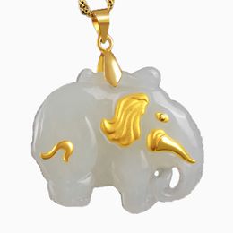 Drop Shipping Elephant Hetian Jade Pendant Gold Jadetite Necklace Lucky Amulet 24K Gold Jewellery For Women Men Gift