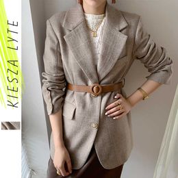 Women Plaid Blazers Autumn Winter Ladies Vintage Work Wear Tops Belted Casual Camel Suit Jacket 210608