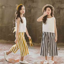 Summer Children Sets Casual Sleeveless White Solid Tops Striped Wide Leg Pants Skirt 2Pcs Girls Clothes 3-12T 210629