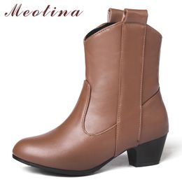 Autumn Western Boots Women PU Leather Thick Heel Ankle Slip on Round Toe Shoes Ladies Winter Plus Size 34-45 210517