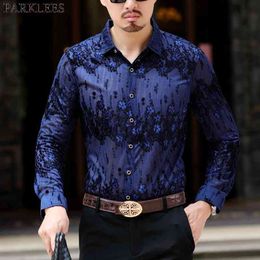 Mens Floral Embroidery Lace Shirt Sexy Transparent Dress Shirt Men Mesh See Trough Club Party Event Prom Chemise Homme 210522