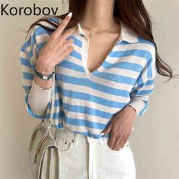 Korobov Korean Chic Sweet Striped Sweaters Women Turn-Down Collar Puff Sleeve Female Knitwear Top Hit Color Patchwork Pullover 210430