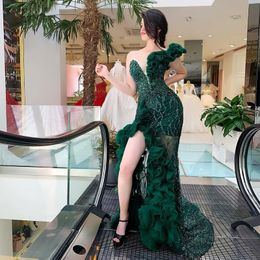 Beaded Green Mermaid Prom Dresses 2021 Sparkle High Split Ruffles Sequined One Shoulder Evening Gowns Plus Size Party Dress