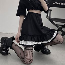 Goth Lolita Skirt Women Harajuku High Elastic Waist Lace Black Mini s Punk Gothic Pleated Cute School Girl 210629