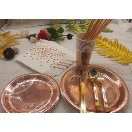 Disposable Dinnerware 100Pcs Golden Cutlery Set Birthday Party Wedding Table Decoration Preferred Paper Tray Tissue Cup Straw 232