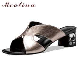 Crystal Genuine Leather Mid Heels Slippers Women Shoes Square Toe Block Heel Slides Summer Fashion Sandals Lady Sliver 210517