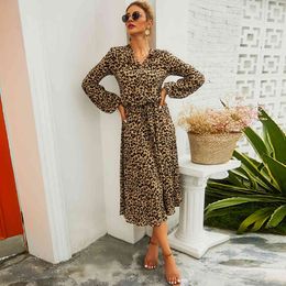 Jastie Leopard Print Women Dress Elegant Long Sleeve V Neck Party Dresses Casual Long Work Wear Streetwear Retro Maxi Dress 210419