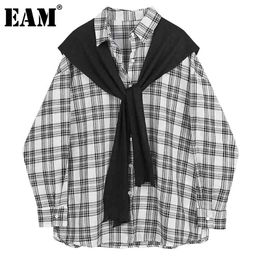 [EAM] Women Black Plaid Knitted Bandage Big Size Blouse Lapel Long Sleeve Loose Fit Shirt Fashion Spring Autumn 1DD6299 21512