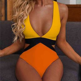 V Neck swimsuit Push up Swimwear Women Bathing Trikini Contrast Colour Backless High Waist Swim Monokini 210712