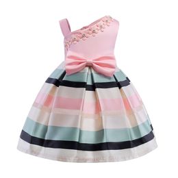 Spring New Style Girls Pearl Flowers Cocktail Dress Shoulder Strap Stripes Dress Children's Clothing Formal Wedding Party Q0716