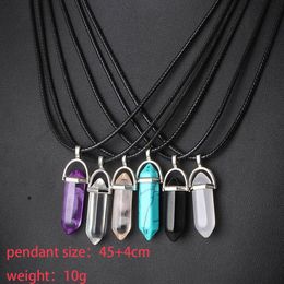 Natural Stone Leather Necklace Hexagonal Prism Crystal Pendant Fashion Hexagonal Bullet New Women Jewellery