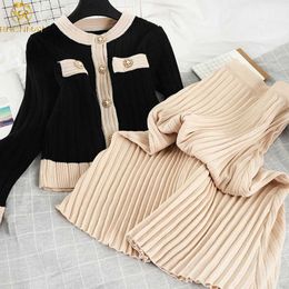 Spring Autumn Knitted 2 Piece Set Chic Office Ladies Single Breasted Pearl Buttons Cardigan Sweater+Pleated Long Skirt Suit 211119