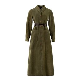Women Army Green Maxi Dress Shawl Collar Long Sleeve Empire Vintage Coduroy Pocket Button D2204 210514