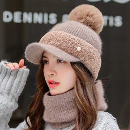 women's winter hat Ski brand Big Fur pom poms ball Knitted s scarf set Winter women Beanie Hat Warm Skullies female cap 211119