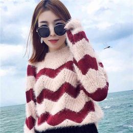 Spring And Autumn Mohair Loose Slimming Slim Sweater Women Long-sleeved Wave Striped Colour Matching 210427