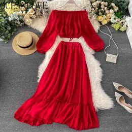 Beach Style Two Women Summer Solid Ropa Mujer Sexy Off Shoulder Tops+ Long Skirts 2 Piece Set 13999 210415