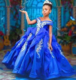 2021 Blue Lace Flower Girl Dresses Ball Gown Sheer Neck Satin Lilttle Kids Birthday Pageant Weddding Gowns