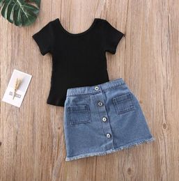 Toddler Baby Girl Clothing Sets Solid Colour Knitted Cotton Short Sleeve Tops Denim Button Skirt 2Pcs Outfits Clothes