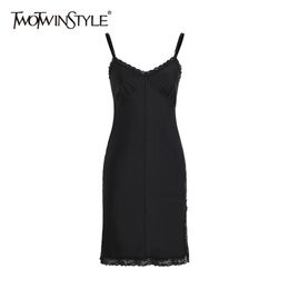 Black Patchwork Lace Sling Dress For Women V Neck Sleeveless High Waist Sexy Midi Dresses Female Summer Fashion 210520