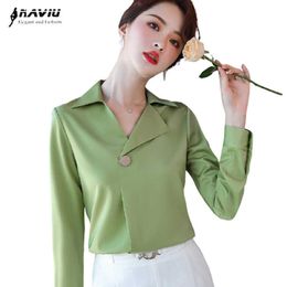 Satin Shirt Women Long Sleeve Autumn V Neck Fashion Temperament Fruit Green Blouses Offiice Ladies Plus Size Work Tops 210604