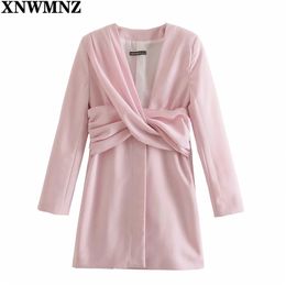 Knot Ruched Mini Dress Women Vintage Long Sleeve Pink Black Office Lady es Woman Front Button Elegant Summer 210520