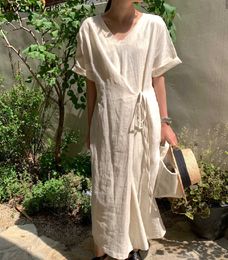 Mozuleva Summer Women Dresses Loose Lace Up Casual V-neck Backwards Cotton and Linen Vintage Wild Long Bandage Dress 210706