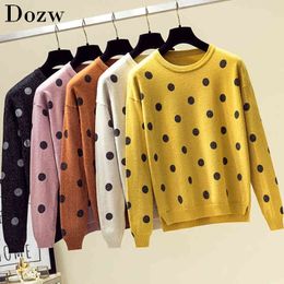 Women Sweater Autumn Vintage Polka Dot Knitted Winter Jumper Top Fashion Soft Long Sleeve O-neck Shining Sweater Pullover 210414