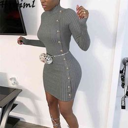 Knitted Sexy Bodycon Dress Women Autumn Winter Fashion Long Sleeve Turtleneck Slim Female Mini Button Solid Office Lady 210513