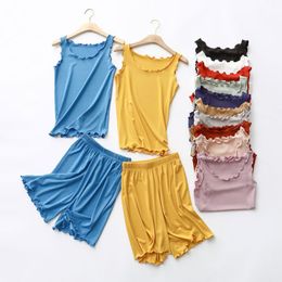 Women summer two piece suits sets Solid O-neck ruffled sleeeveless tops + elastic shorts Casual female home wear 210524