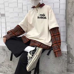 Deeptown Kawaii Hoodies Korean Style Women Long Sleeve Pullover Plaid Sweatshirt Oversized Streetwear Kpop Tracksuit Female 211023