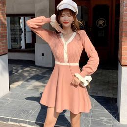 Autumn winter patchwork color V-neck Long sleeve sweater dress women match all casual warm knitted dresses vestidos 210529