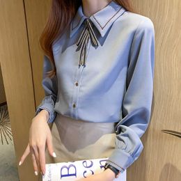 Korean Women Shirt Chiffon Blouses for Long Sleeve Woman Blue Lace Open Stitch Blouse Tops Plus Size Bow 210604