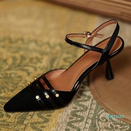 Dress Shoes Women's Baotou Sandals 2021 Pointed Toe Suede Ladies High Heels Retro Fashion Stiletto Black Comfortable Buckle Women