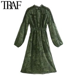 Women Chic Fashion With Lace Animal Print Midi Dress Vintage Long Sleeve Elastic Waist Female Dresses Vestidos 210507