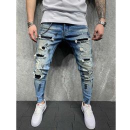 Men Ripped Paint Jeans Men's Sweatpants High Quality Sexy Hole Pants Casual Male Skinny Trousers Slim Biker Outwears Pants S-3XL X0621