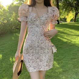 Summer Bodycon Mini Dress French Puff Sleeve Women Sexy Party Casual Vintage Korean Y2k Clothing 210604
