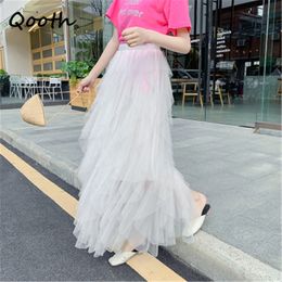 Qooth Puffy Mesh Multi-Layer Cake Skirt Spring Summer Fairy Pleated Skirt Elastic Waist Mid-Length A-Line All Match Skirt QT646 210518