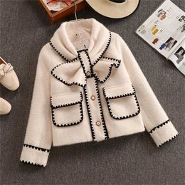 High Quality Women White Bow Mink Jacket Coat For Female Slim Patchwork Pocket Outerwear Ladies Wool Short Coat Winter Clothes 211112