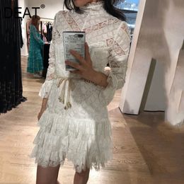 Women White Folds Hollow Embroidery Bandage Dress Turtleneck Long Sleeve Loose Fit Fashion Tide Spring 7D00446 210421