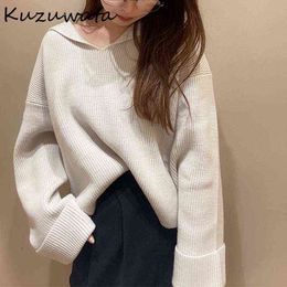 Kuzuwata Japanese Jumper Autumn Winter Sweater Women Sweet Simple Solid Sailor Collar Long Sleeve Rib Knitted Pullover 211217